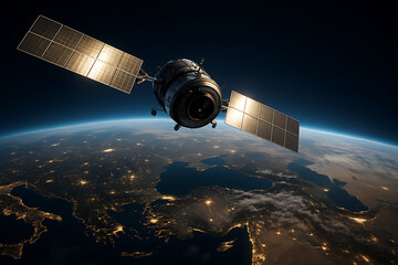Futuristic digital art of a high-speed telecommunication satellite orbiting the earth at sunrise, providing global internet network connection technology and data across the world