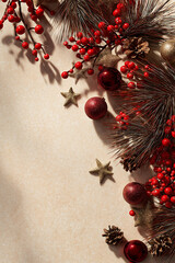 Delicate arrangement of red berries, pine, and shiny ornaments creates a festive holiday mood Generative AI