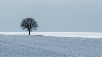 Solitary tree stands on snowy hillside under a muted sky
