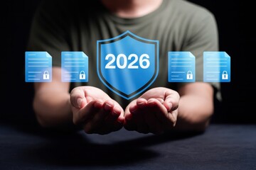 Cyber Security Shield with 2026 Text in Hands