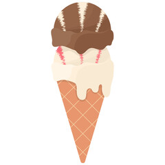 Three Scoops Of Chocolate Vanilla Swirl Ice Cream In A Waffle Cone With Strawberry Syrup Drizzle On A Transparent Background