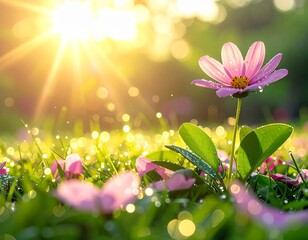 朝露に輝く花とやわらかな朝日の風景