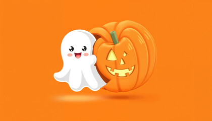Cartoon ghost smiles shyly as it emerges from a pumpkin for Halloween  