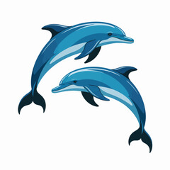 Fototapeta premium Two playful blue dolphins jumping together against a clean white background for wildlife advertising.