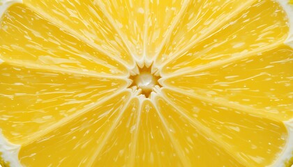 close up detailed view of fresh vibrant yellow lemon slice showing juice vesicles and texture