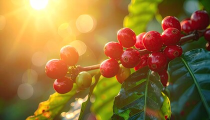 Macro Shot of Coffee Cherries on Branch with Sunlight and Green Leaves at Sunrise