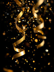 Gold confetti and ribbons swirl gracefully in the air, creating a lively and cheerful atmosphere Generative AI