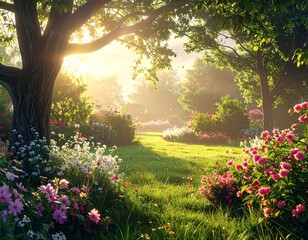 朝日が差し込む花咲く庭園の風景