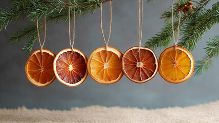 Colorful dried orange slices hang from a branch, brightening up the holiday season beautifully Generative AI