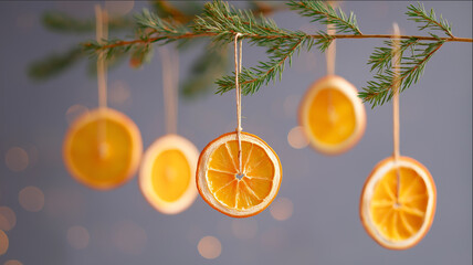 Dried orange ornaments sway on a branch, adding warmth to the festive atmosphere Generative AI