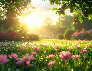 朝日が照らす花咲く草原ときらめく光