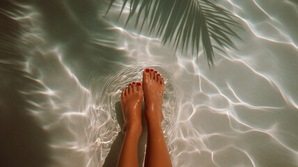 Sunlight dances on the water as a woman dips her toes, savoring a peaceful moment in paradise Generative AI