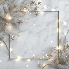 A minimal Christmas frame sits on marble, surrounded by soft lights and silver leaves Generative AI