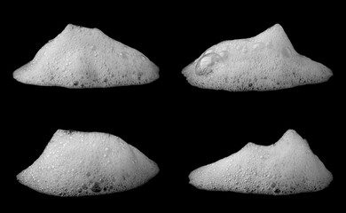 Set of white soap foam isolated on black background, showing detailed bubbles and texture. Perfect for cleaning, hygiene, skincare, and cosmetic product designs emphasizing freshness and purity.