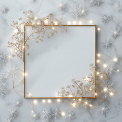 A silver frame lies on a light surface, surrounded by twinkling lights and soft snowflakes Generative AI