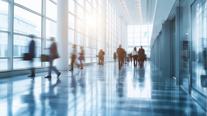 Diverse business people walk through a modern office filled with natural light, engaged in work Generative AI