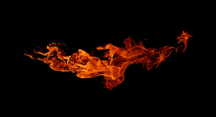 Dynamic orange fire flame isolated on a black background, creating a powerful and dramatic energy effect. Perfect for design, visual effects, motion graphics, and backgrounds symbolizing heat