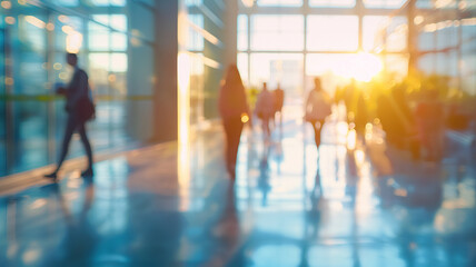 Diverse group of business professionals moves through a sunlit modern office space in the morning Generative AI