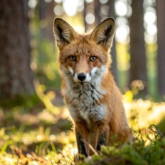 Fototapeta premium A close-up view of a red fox in a forest. The fox is facing the camera with an intense gaze, surrounded by trees and sunlight