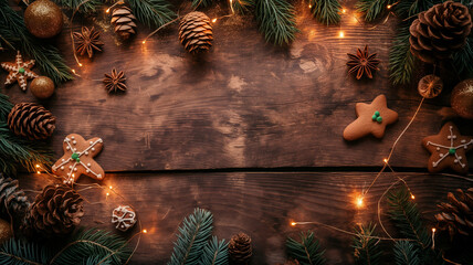 A cozy wooden table displays charming gingerbread cookies surrounded by festive pine and lights Generative AI
