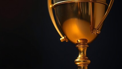 Close-up of a golden trophy with polished metal reflecting warm spotlight, standing out against darkness.