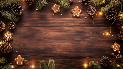 Rustic wooden table adorned with holiday decor, cookies, pine cones, and twinkling lights Generative AI
