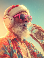 Festive figure drinks water under the sun while wearing colorful attire and playful accessories Generative AI