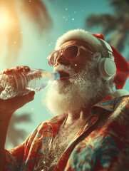Santa Claus in summer attire sips water, wearing stylish headphones, enjoying a sunny beach vibe Generative AI