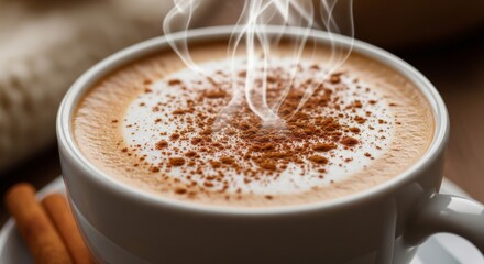 Obraz premium Close Up Shot of White Cup of Cappuccino with Cinnamon and Steaming in Warm Light
