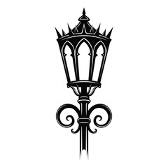 Vector art of elegant black and white illustration of a vintage street lamp with intricate details, , evoking a sense of oldworld charm and nostalgia
