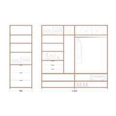 Minimalistic wardrobe composition drawn in line art style. Included clothes, boxes, and organized storage elements. Perfect for interior design plans, furniture visualization, home organization.