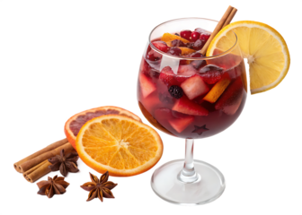 Refreshing red wine sangria with fresh fruit and spices isolated on transparent background isolated on white background