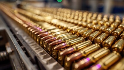 Rows of ammunition bullets, close-up, golden casings