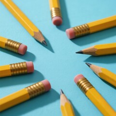 Yellow pencils arranged in circle on blue background