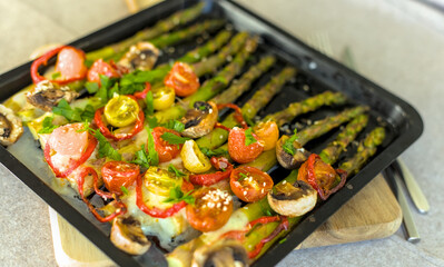Roasted Asparagus and Cherry Tomatoes on a Sheet Pan, Vegetarian Heathy Diet