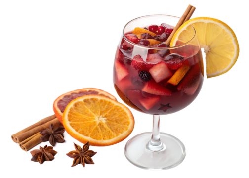 Refreshing red wine sangria with fresh fruit and spices isolated on transparent background isolated on white background