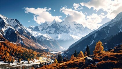 Majestic Mountain Range with Snow Capped Peaks and Autumnal Forest Under a Sunny Sky in Daytime Scenery Landscape