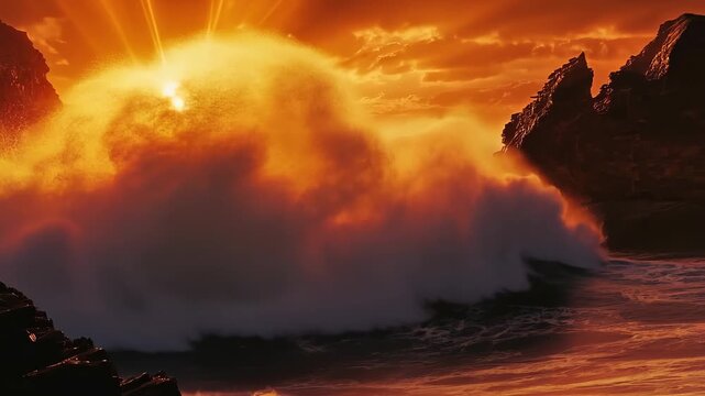 Vibrant sunset waves crashing against rocky coastline creating dramatic ocean spray