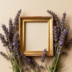 Golden frame surrounded by lavender sprigs