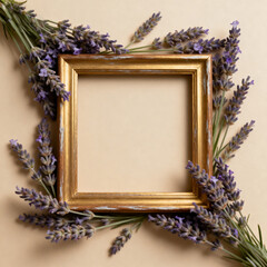 Golden frame surrounded by lavender sprigs