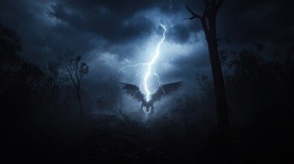Fototapeta premium Dark Stormy Landscape with Lightning Behind a Mysterious Creature in an Eerie Forest Setting