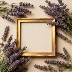 Golden frame surrounded by lavender sprigs