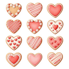 Collection of twelve decorative heart shaped cookies isolated on transparent background