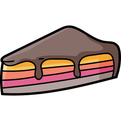 Slice Of Chocolate Cake With Pink Orange Yellow Layers And Dark Brown Icing On A Transparent Background