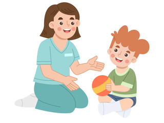 Illustration of Therapist Playing Ball with Child