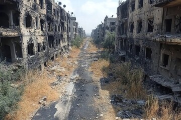 Devastated city street showcases war's impact on urban landscape, highlighting resilience and the need for rebuilding efforts after conflict