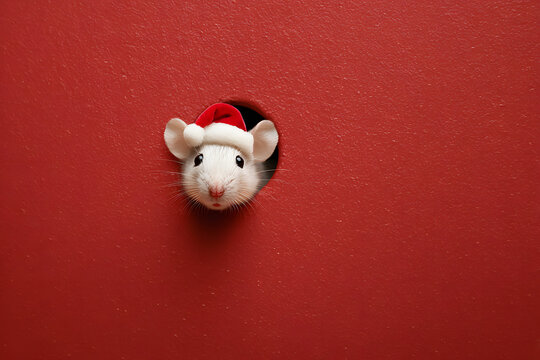 A snow-white mouse in a Santa hat peeks out of a hole against a red wall