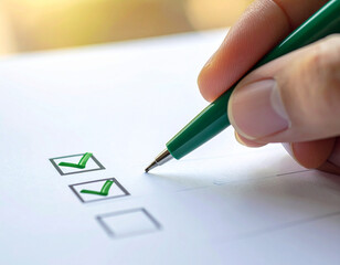 Una mano marcando un check verde con bolígrafo en una lista de objetivos en papel blanco, símbolo de metas cumplidas, planificación productividad personal profesional éxito, eficiencia y organización