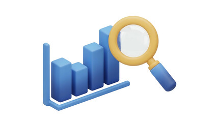 Blue Bar Graph Chart with Magnifying Glass on Transparent Background