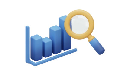 Blue Bar Graph Chart with Magnifying Glass on Transparent Background